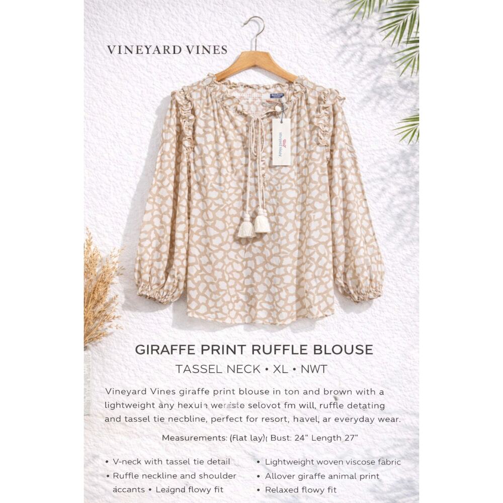 Vineyard Vines Giraffe Print Ruffle Blouse Tassel Neck XL NWT